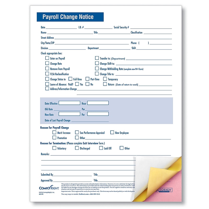 ComplyRight Payroll Change Notice, 3-Part, Pack of 50 (A2170) image 1