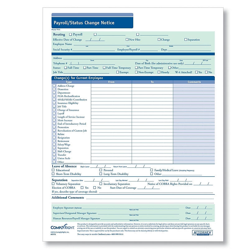 ComplyRight Payroll Status Change Notice, Pack of 50 (A2172) image 1