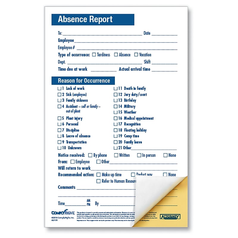 ComplyRight Compact 2-Part Absence Report, Pack of 50 (A2151) image 1