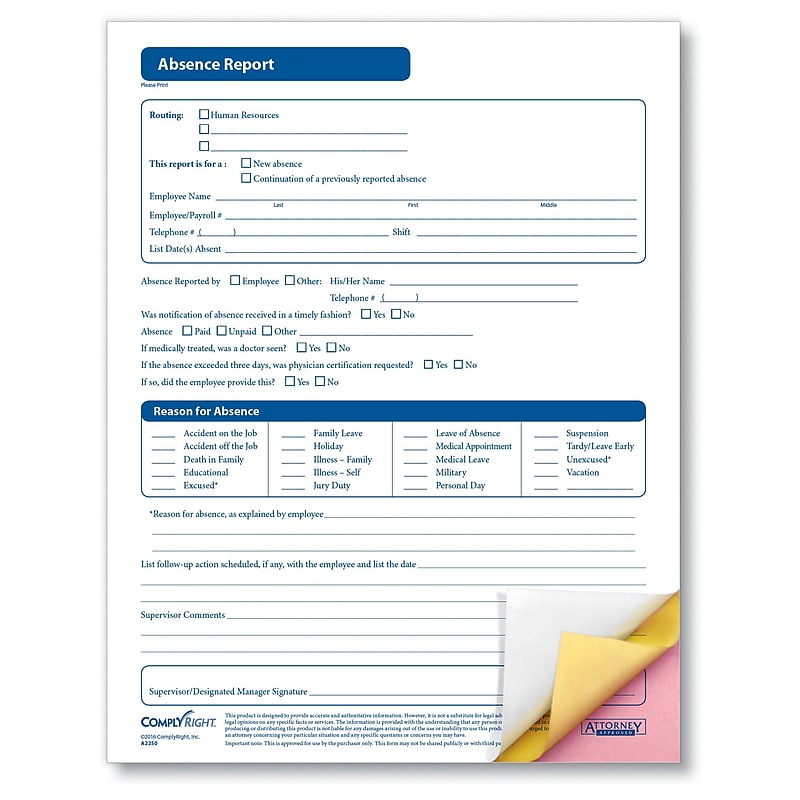 ComplyRight Absence Report, 3-Part, Pack of 50 (A2250) image 1