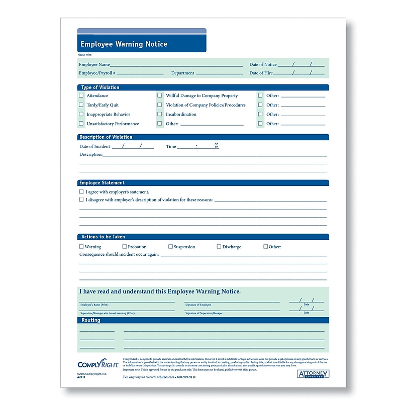 ComplyRight Employee Warning Notice, Pack of 50 (A2311) image 1