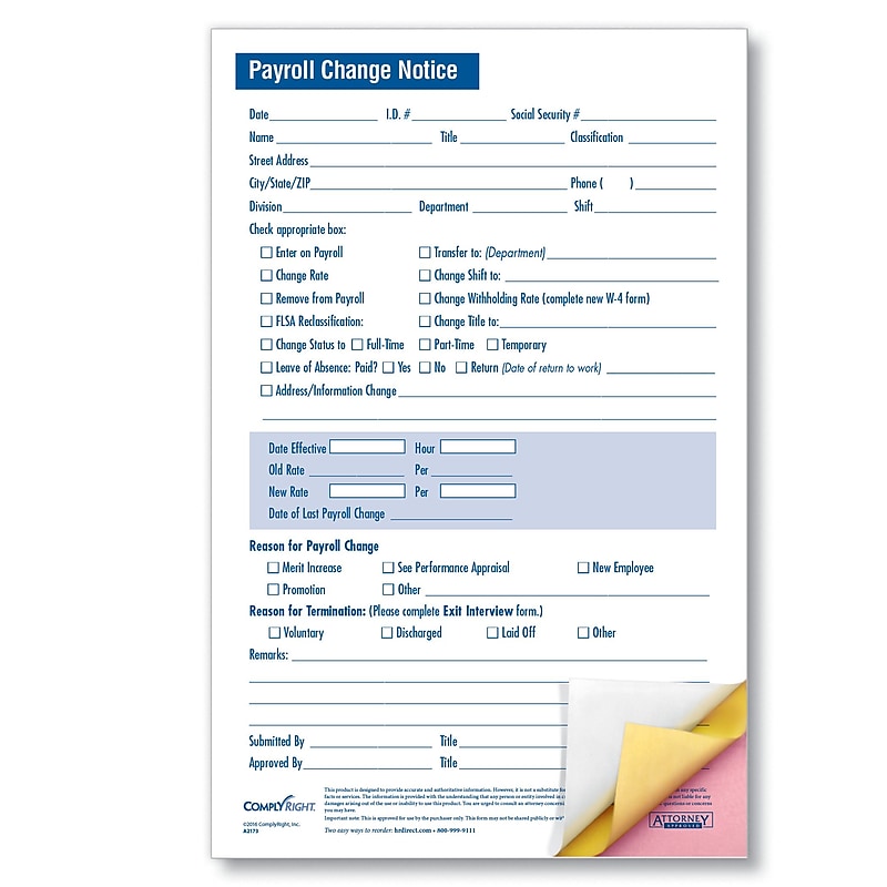 ComplyRight Payroll Change Notice, 3-Part, Small, Pack of 50 (A2173) image 1