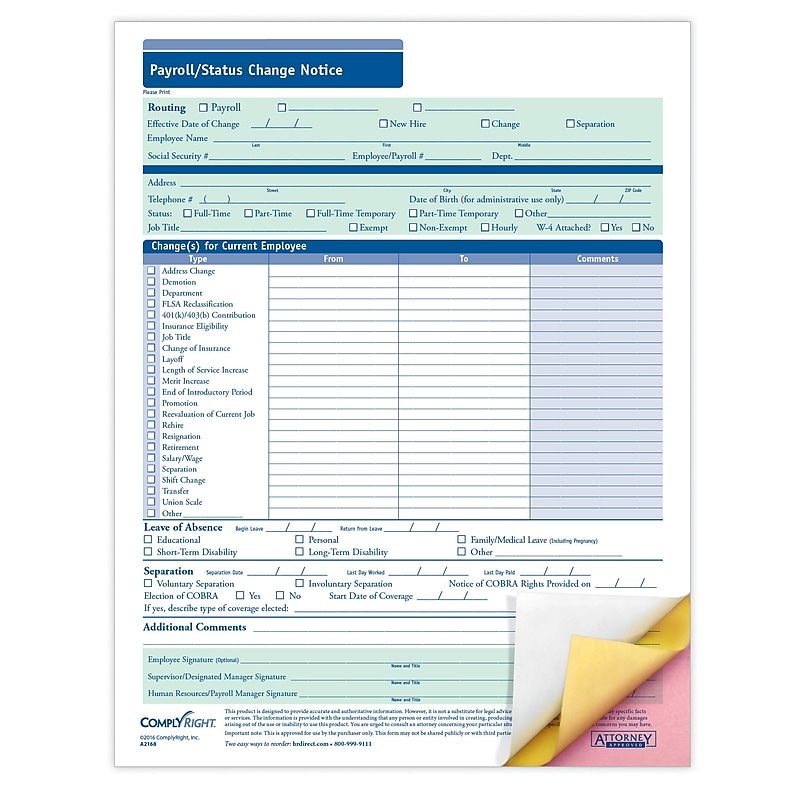 ComplyRight 3-Part Payroll Status Change Notice, Pack of 50 (A2168) image 1