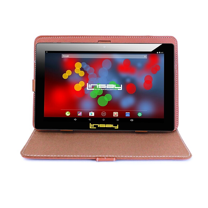 Linsay F10 Series 10.1" Tablet with Brown Leather Case, WiFi, 2GB RAM, 64GB Storage, Android 13 (F10XIPSBCLBROWN) image 1