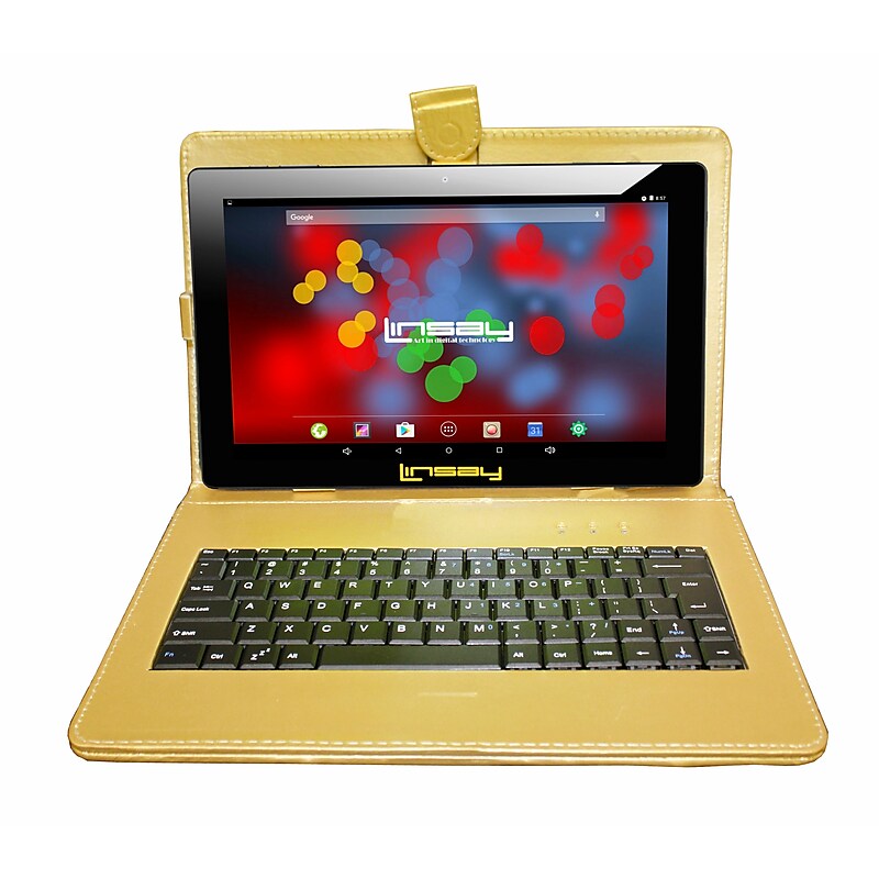 LINSAY F10 Series 10.1" Tablet, WiFi, 2GB RAM, 64GB Storage, Android 13, Black w/Golden Keyboard (F10XIPSBDG) image 1