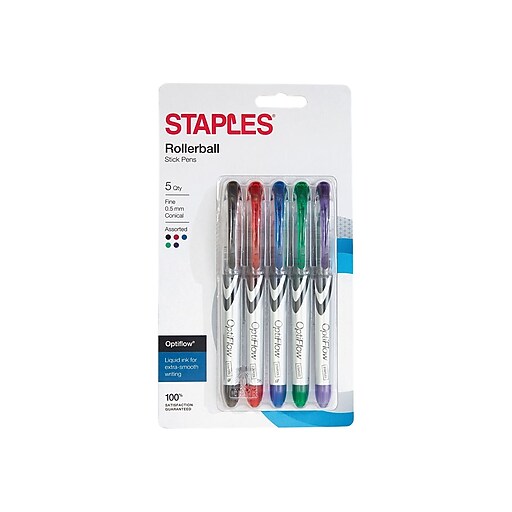 STAPLES® OPTIFLOW® ROLLERBALL STICK PENS FINE 0.5MM CONICAL, ASSORTED