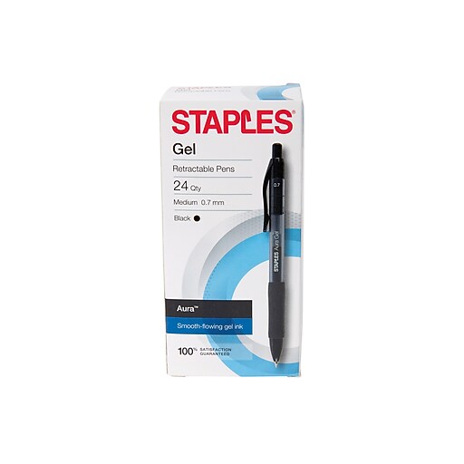 Staples Aura Retractable Gel Pens, Medium Point, Black Ink, 24/Pack