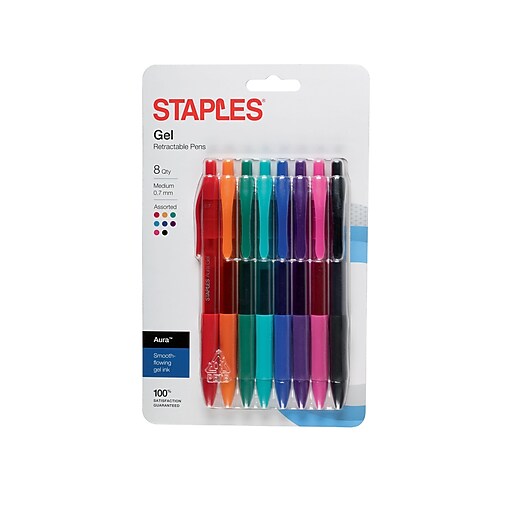 Staples Aura Retractable Gel Pens, Medium Point, Assorted Ink Colors, 8