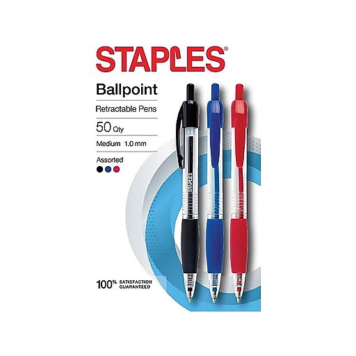 Staples Retractable Ballpoint Pens, Medium Point, Assorted Ink Colors