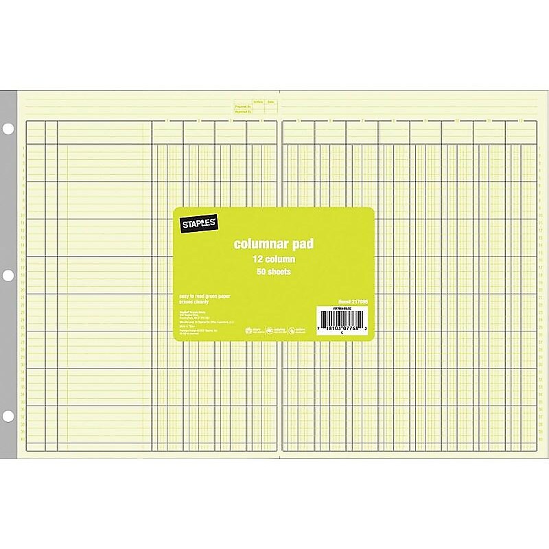 Staples® Columnar Book, 12 Columns, 16.31" x 11", Green, 50 Sheets/Book (217885) image 1