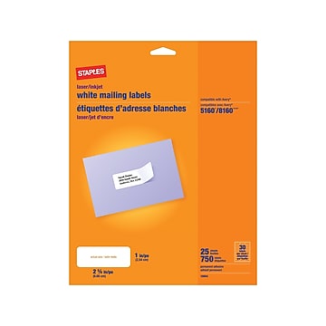 Staples Laser/Inkjet Address Labels, 1" x 2 5/8", White, 30 Labels/Sheet, 25 Sheets/Box (18054/SIWJ100)