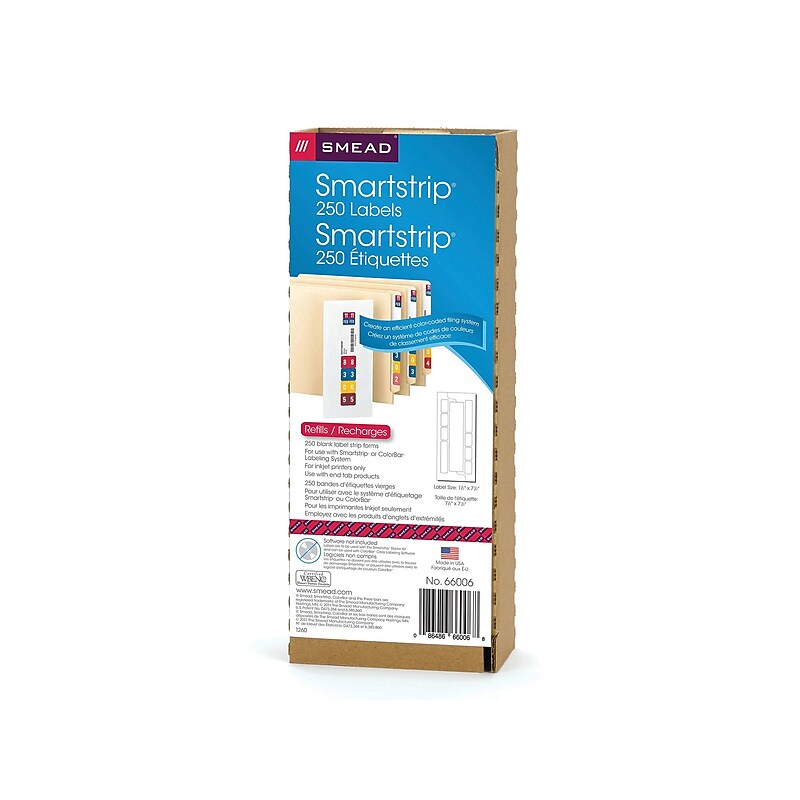 Smead Smartstrip ColorBar WaterGuard Inkjet File Folder Labels, 1 1/2" x 7 1/2", White, 250/Pack (66006) image 1