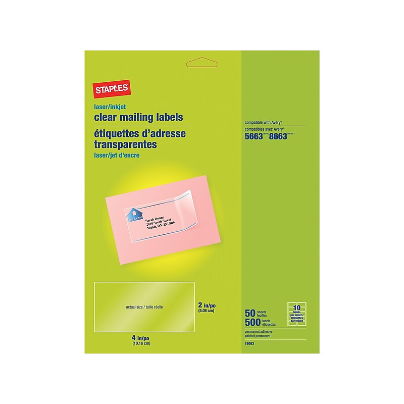 Staples Laser/Inkjet Shipping Labels, 2" x 4", Clear, 10 Labels/Sheet, 50 Sheets/Pack, 500 Labels/Box  (18083) image 1