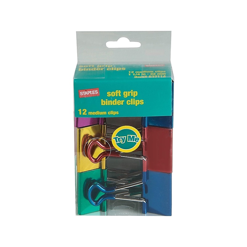 Staples Soft Grip 1.25" Binder Clips, Medium, Assorted Colors, 12/Pack (35313) image 1