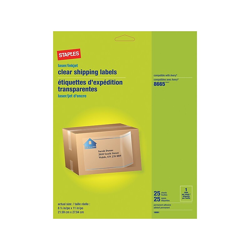 Staples Laser/Inkjet Shipping Labels, 8-1/2" x 11", Clear, 1 Label/Sheet, 25 Sheets/Pack (18091-CC) image 1