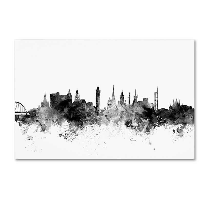 Trademark Fine Art Michael Tompsett 'Glasgow Scotland Skyline B&W' 12" x 19" Canvas Stretched Art Print (190836103386) image 1