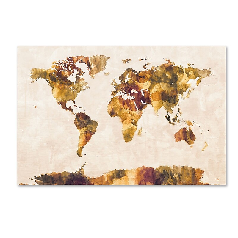 Trademark Fine Art Michael Tompsett 'World Map Watercolor Painting' 12" x 19" Canvas Stretched (190836014019) image 1