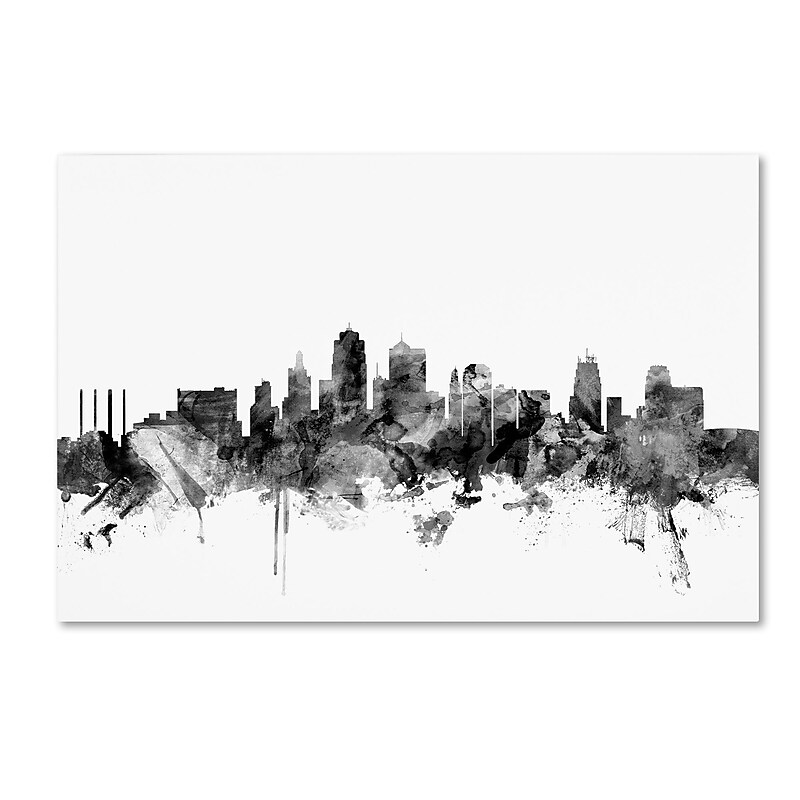 Trademark Fine Art Michael Tompsett 'Kansas City Skyline B&W' 12" x 19" Canvas Stretched Art Print (190836110209) image 1