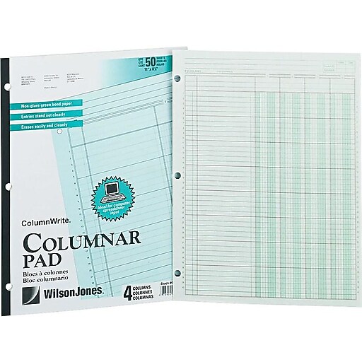 Wilson Jones® Column Write® Side Bound Columnar Pad, Green, Ruled, 8 1/
