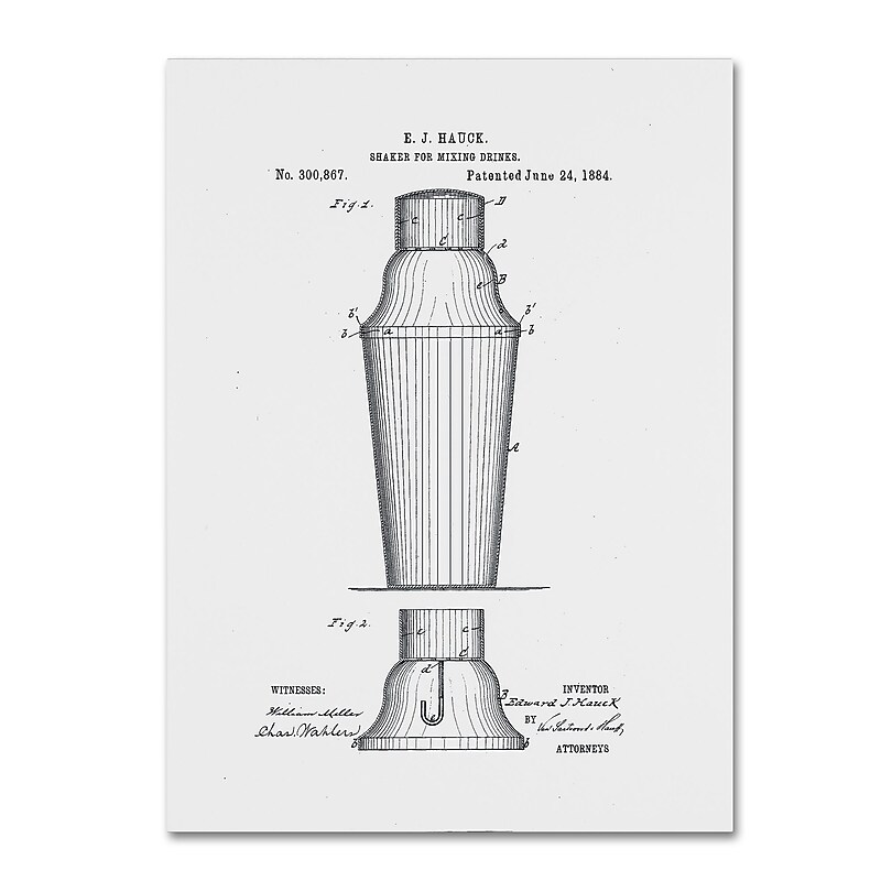 Trademark Fine Art Claire Doherty 'Cocktail Shaker Patent 1884 White' 14" x 19" Canvas Stretched (886511939936) image 1