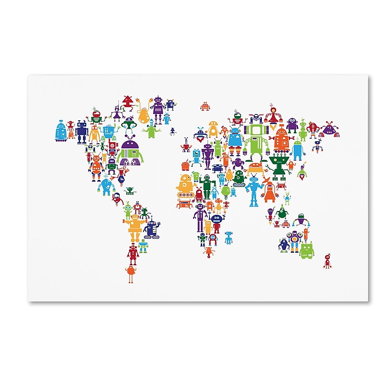 Trademark Fine Art Michael Tompsett 'Robot Map of the World' 12" x 19" Canvas Stretched (190836019298) image 1