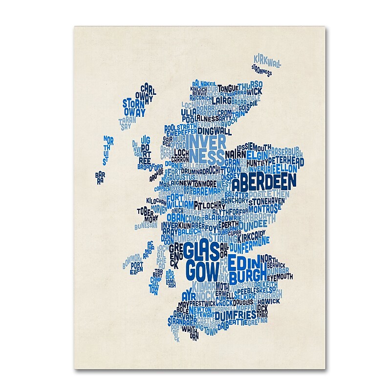 Trademark Fine Art Michael Tompsett 'Scotland Typography Text Map 2' 14" x 19" Canvas Stretched (190836015290) image 1
