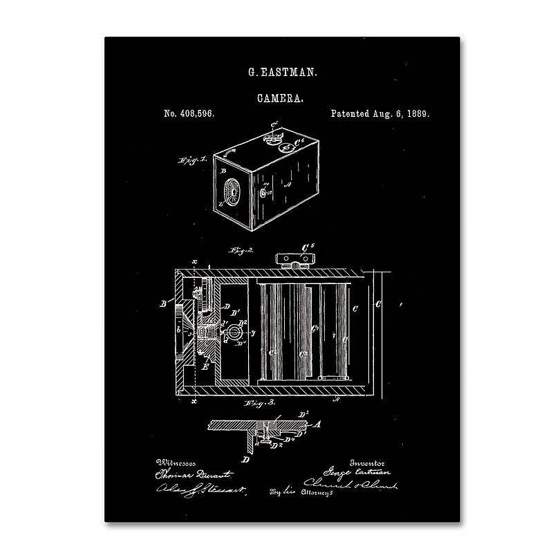 Trademark Fine Art Claire Doherty 'George Eastman Camera Patent Black' 14" x 19" Canvas Stretched (886511939332) image 1
