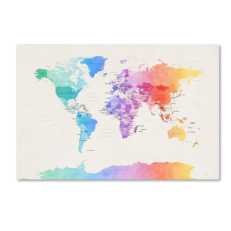 Trademark Fine Art Michael Tompsett 'Watercolor Political World Map' 12" x 19" Canvas Stretched (190836013852) image 1
