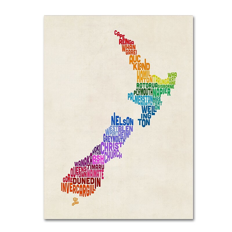 Trademark Fine Art Michael Tompsett 'New Zealand Typography Map 3' 14" x 19" Canvas Stretched (190836014811) image 1