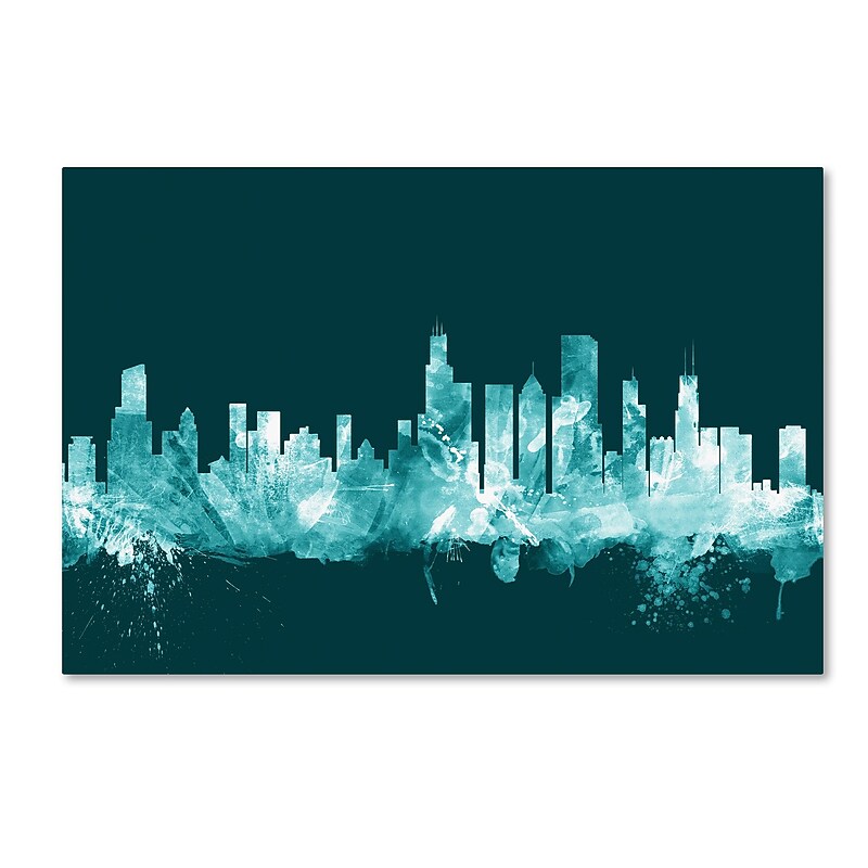 Trademark Fine Art Michael Tompsett 'Chicago Illinois Skyline Teal' 12" x 19" Canvas Stretched Art Print (190836096060) image 1