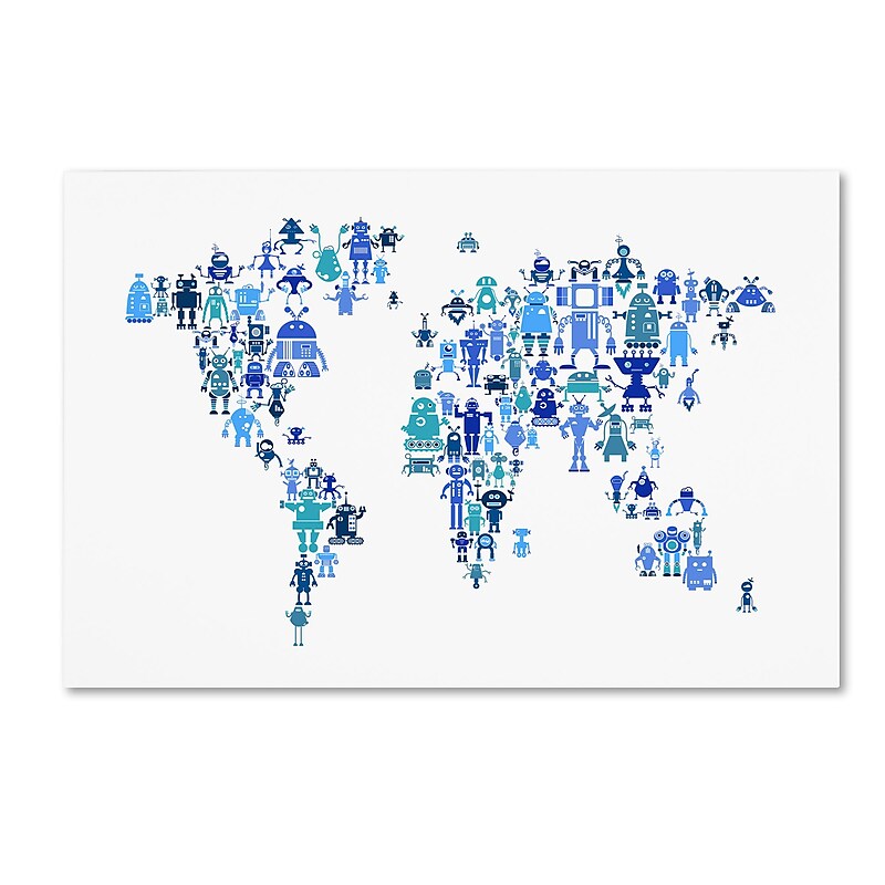 Trademark Fine Art Michael Tompsett 'Robot Map of the World Blue' 12" x 19" Canvas Stretched (190836019458) image 1