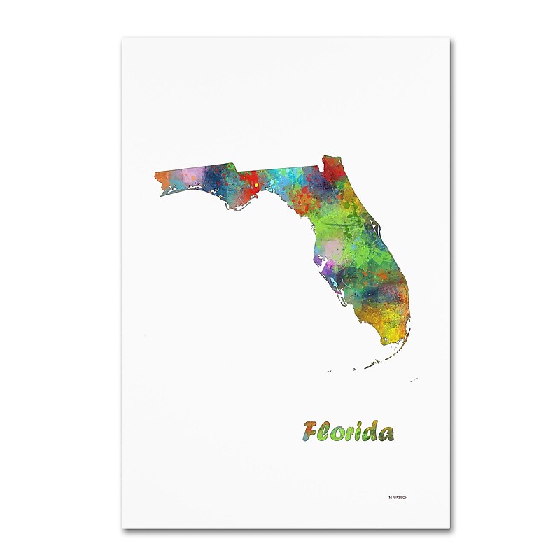 Trademark Fine Art Marlene Watson 'Florida State Map-1' 12" x 19" Canvas Stretched Art Print (190836213689) image 1