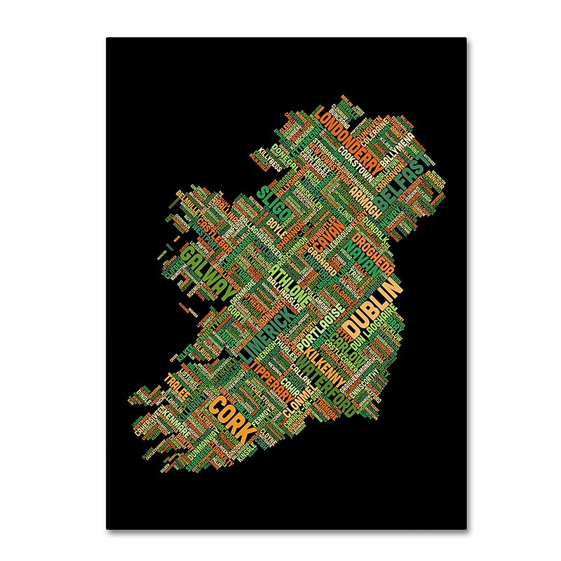 Trademark Fine Art Michael Tompsett 'Ireland Eire City Text Map' 14" x 19" Canvas (190836013517) image 1