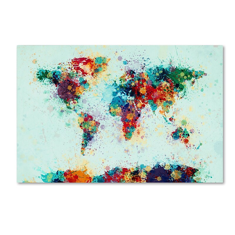Trademark Fine Art Michael Tompsett 'World Map Paint Splashes' 12" x 19" Canvas Stretched (190836021833) image 1