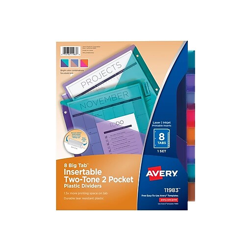 Avery® Two Tone Double Pocket Insertable Plastic Tab Dividers, 8Tab Staples