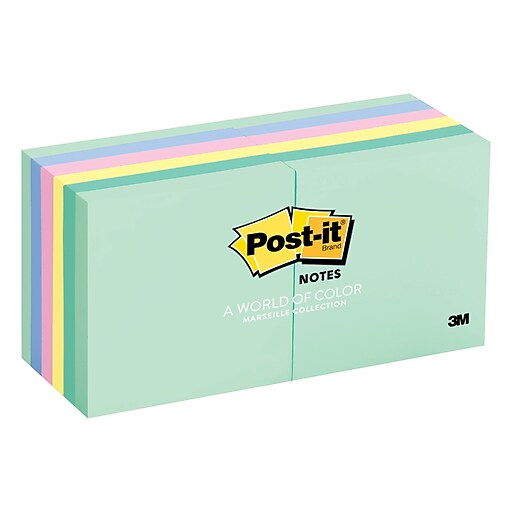 Postit® Notes, Marseille Collection, 3" x 3", 12 Pads/Pack (654AST
