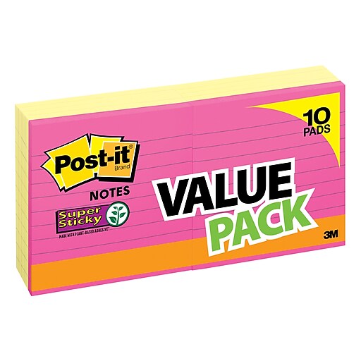 Postit® Super Sticky Notes, 4" x 4", Canary Yellow, Lined, 10 Pads