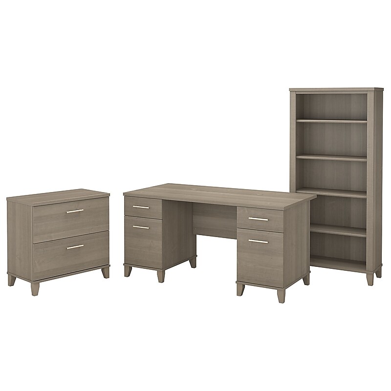 Bush Furniture Somerset 60"W Office Desk with Lateral File Cabinet and 5 Shelf Bookcase, Ash Gray (SET013AG) image 1