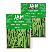 JAM Paper® Wood Clip Clothespins, Medium 1 1/8 Inch, Green Clothes Pins, 2 Packs of 50 (230729147A)