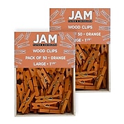 JAM Paper® Wood Clip Clothespins, Medium 1 1/8 Inch, Orange Clothes Pins, 2 Packs of 50 (230729145A)