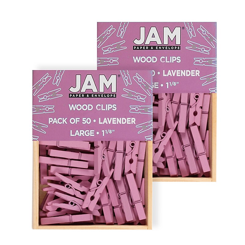 JAM Paper® Wood Clip Clothespins, Medium 1 1/8 Inch, Lavender Purple Clothes Pins, 2 Packs of 50 (230726780A) image 1