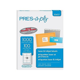 PRES-a-ply Laser/Inkjet Shipping Labels, 2" x 4", White, 10 Labels/Sheet, 100 Sheets/Box (30603)