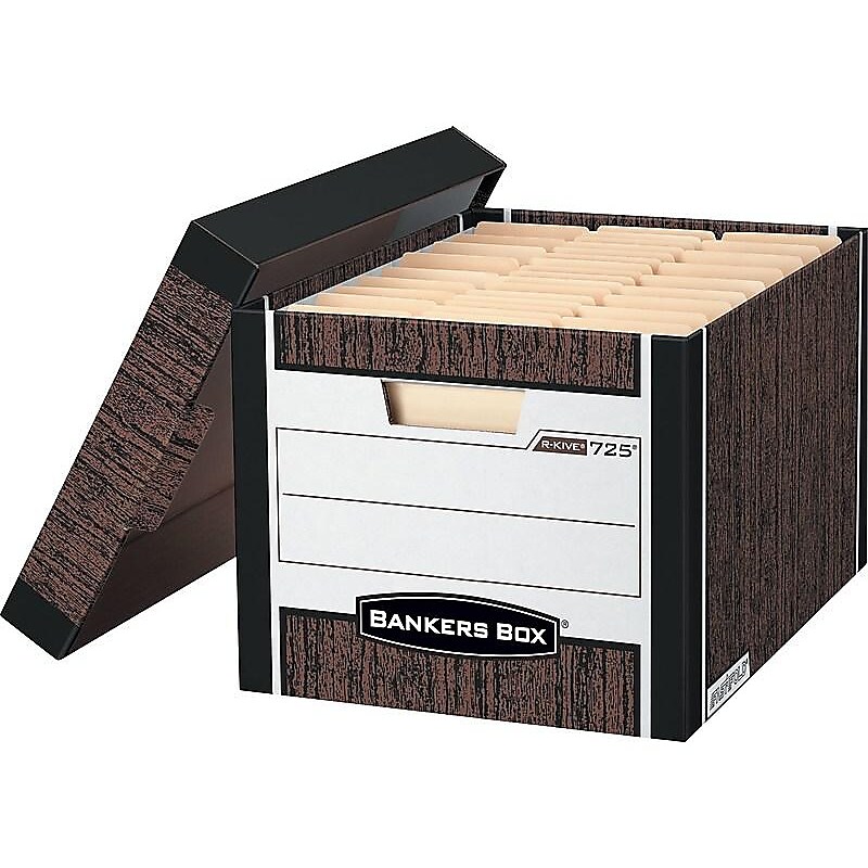 Bankers Box R-Kive® Heavy-Duty FastFold File Storage Boxes, Lift-Off Lid, Letter/Legal Size, Woodgrain, 4/Pack (0072506) image 1