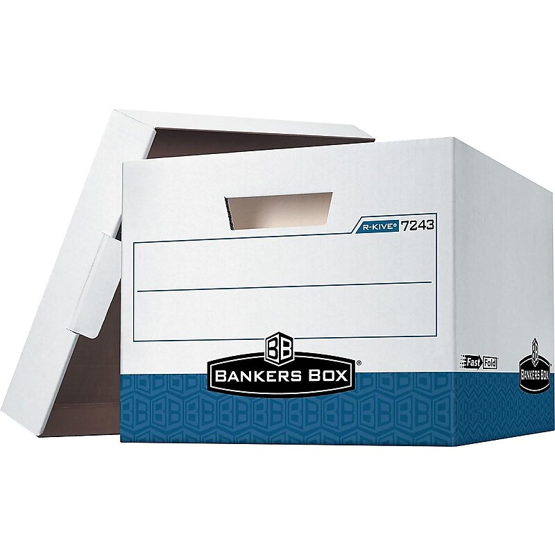 Bankers Box R-Kive® Heavy-Duty FastFold File Storage Boxes, Lift-Off Lid, Letter/Legal Size, White/Blue, 4/Carton (0724303) image 1