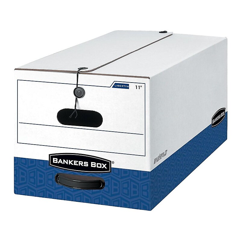 Bankers Box Heavy-Duty Corrugated File Storage Boxes, String & Button, Legal Size, White/Blue, 4/Carton (0001203) image 1