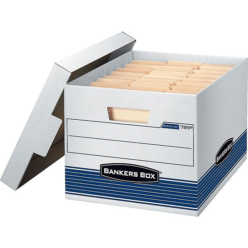 Bankers Box Stor/File™ Medium-Duty FastFold File Storage Boxes, Lift-Off Lid, Letter/Legal Size, White/Blue, 4/Carton (0078907) image 1
