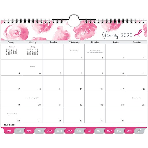 Shop Staples for 2020 DayTimer 8 1/2" x 11" Tabbed Wall Calendar Pink