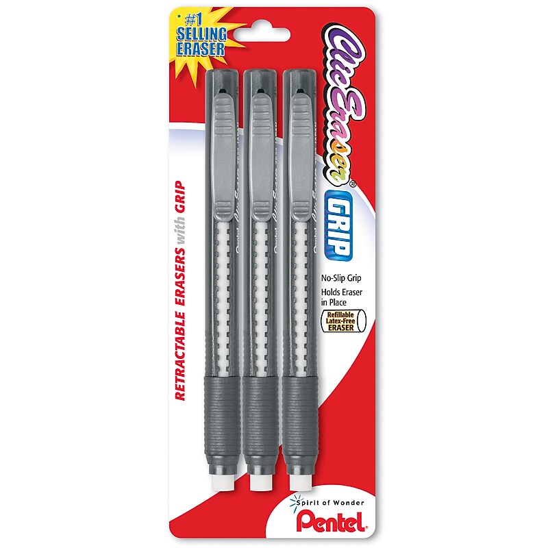 Pentel Clic  Erasers, Lead Pencil Eraser, Retractable, 3/Pk, Assorted image 1