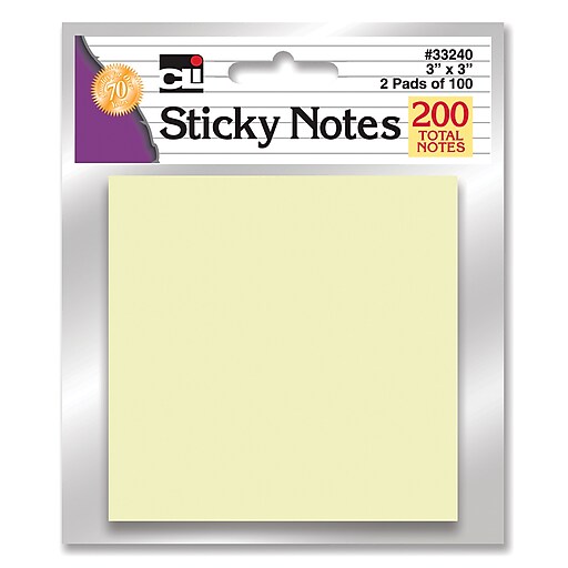 Charles Leonard Sticky Notes, 3" x 3", Yellow, 2 Pads/Pack, 24 Packs