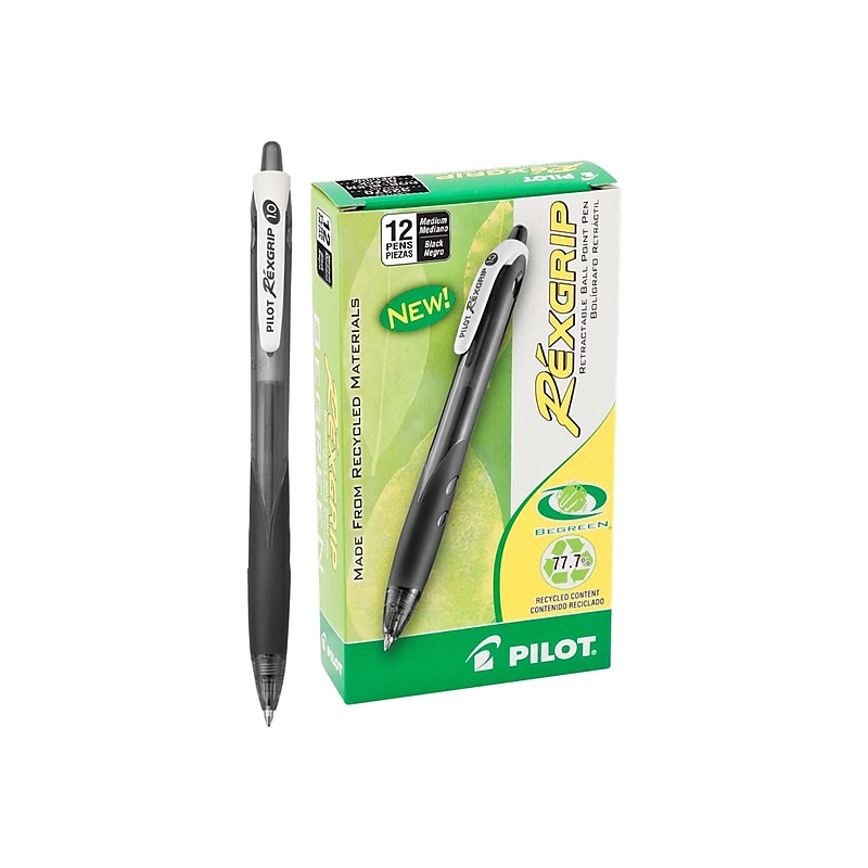 Pilot RexGrip BeGreen Retractable Ballpoint Pens, Medium Point, Black Ink, Dozen (32370) image 1